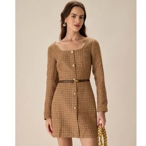 Rihoas Tan Tweed Long Sleeve Mini Dress Size L